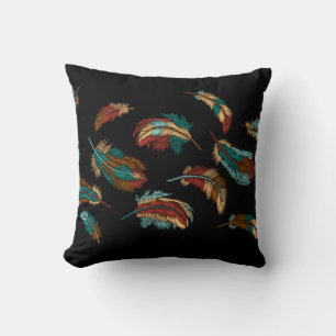 Boho Style Embroidered Colourful Feathers Black Throw Pillow