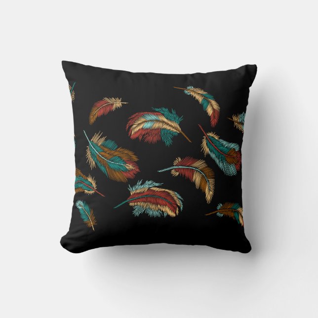 Boho Style Embroidered Colourful Feathers Black Throw Pillow (Front)