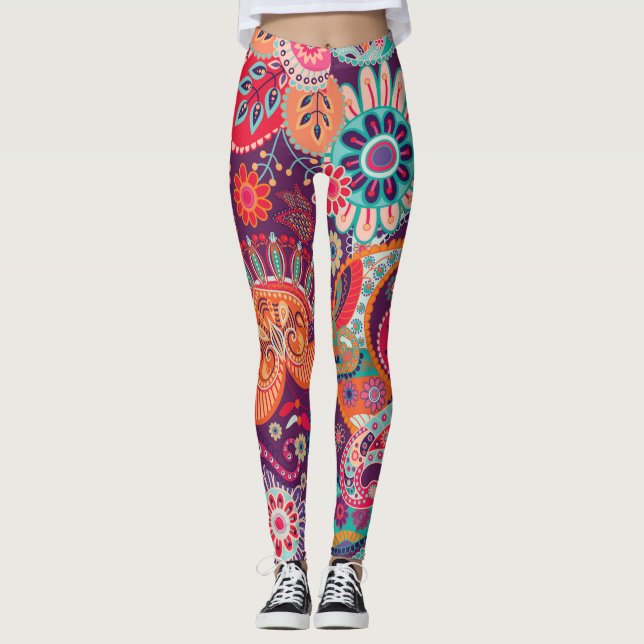 Boho Style Floral Pattern Hippie Woman Leggings (Front)