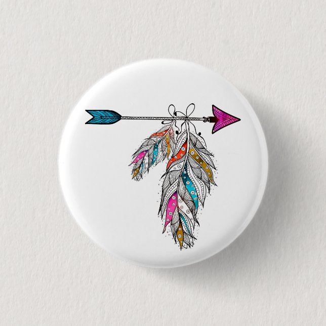 boho style ornamental feathers hanging 1 inch round button (Front)