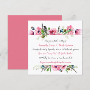 Boho Style Pink Poppies Feathers Greenery Wedding Invitation