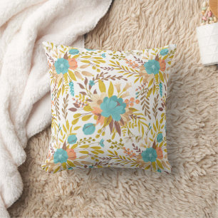 Boho Style Summer Wildflowers Monogram Throw Pillow