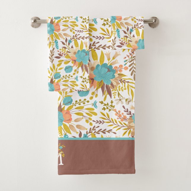 Boho Style Summer Wildflowers Pattern Monogram Bath Towel Set (Insitu)