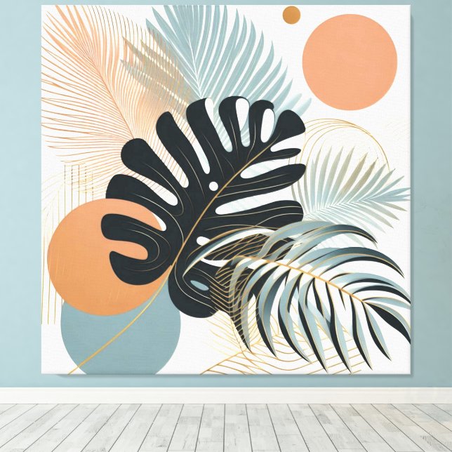 boho style tropical leaf painting art canvas print (Insitu(Wood Floor))