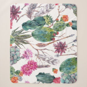 Boho Style, Vintage Cactus Watercolor. Sherpa Blanket