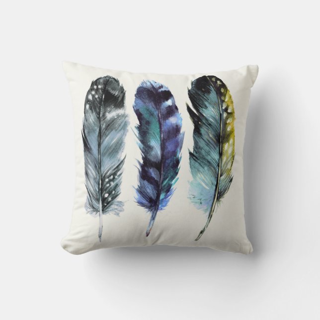 Boho Style Watercolor Birds Feathers Throw Pillow (Front)
