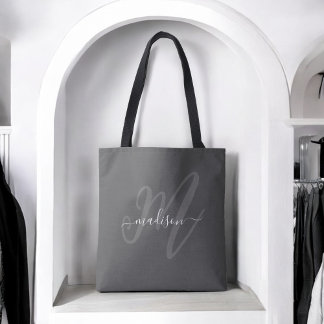 Boho Stylish Script Monogram and Name in Grey Tote Bag