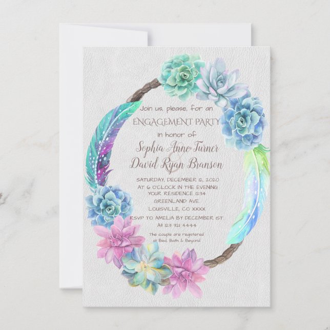 Boho Succulent Cactus Wreath Engagement Party Invitation (Front)