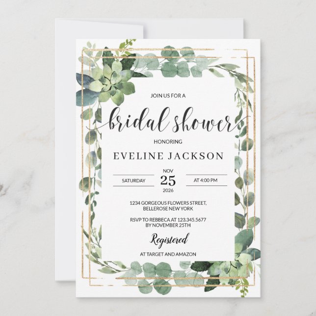 Boho succulents eucalyptus faux gold geometric  invitation (Front)