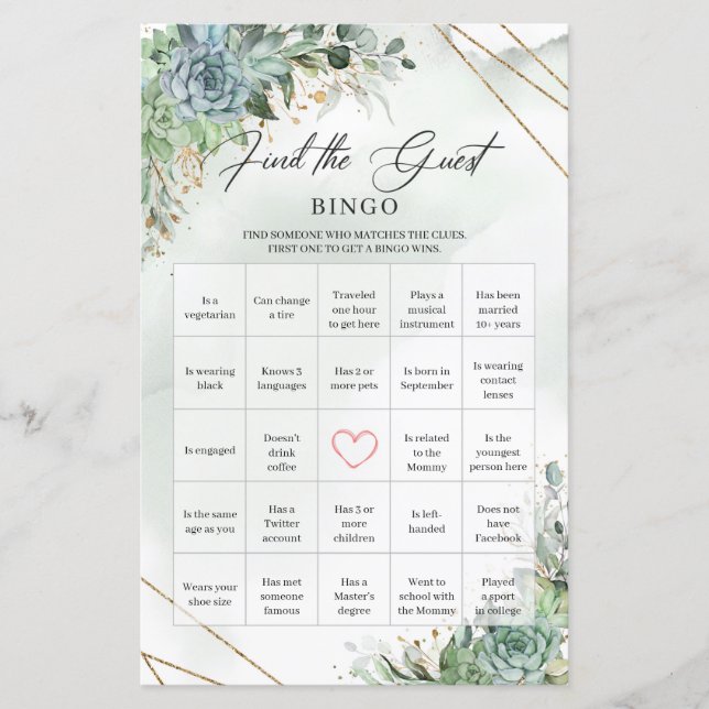Boho succulents eucalyptus Find The Guest Bingo (Front)