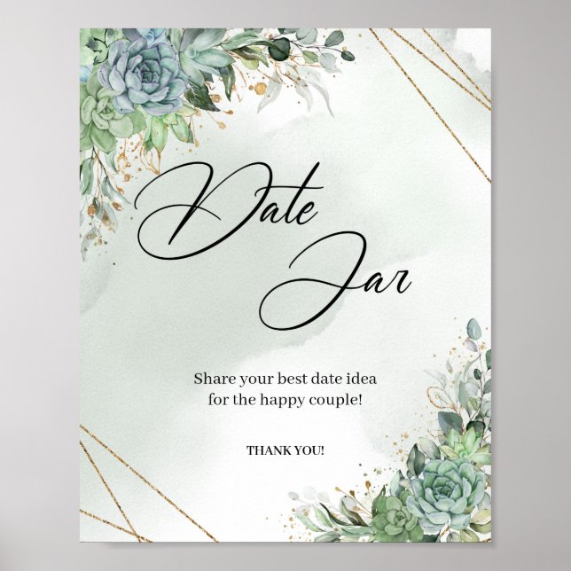 Boho succulents eucalyptus gold Date jar game sign (Front)