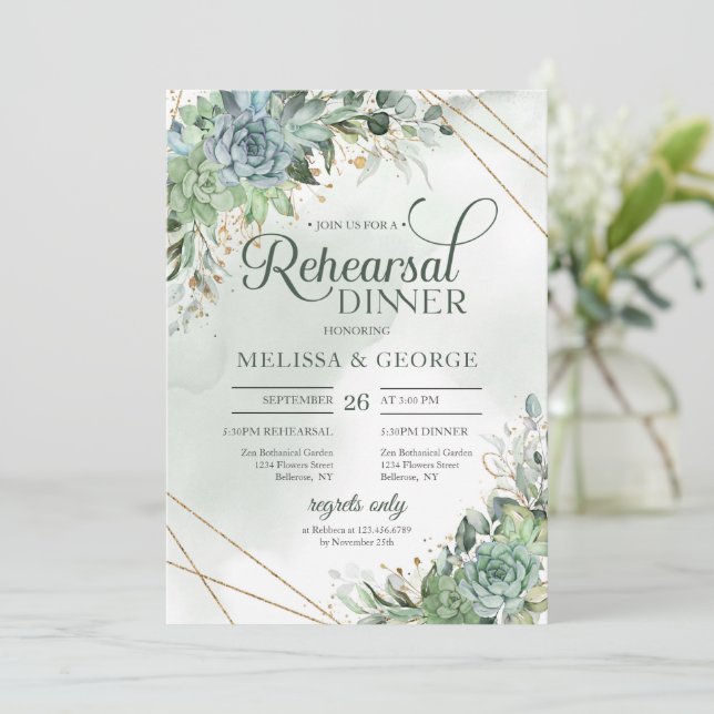 Boho succulents eucalyptus gold frame rehearsal invitation (Standing Front)