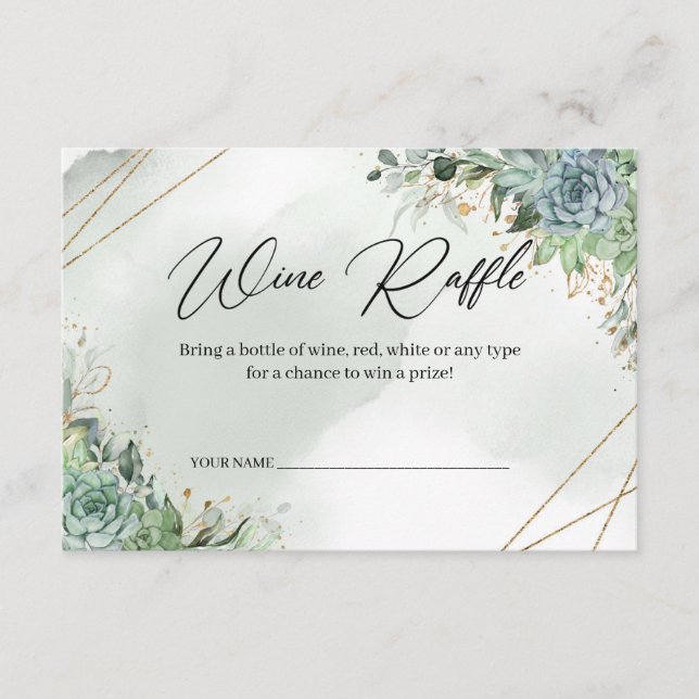 Boho succulents eucalyptus gold frame Wine Raffle Enclosure Card (Front)