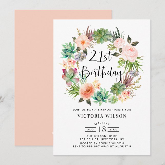 Boho Succulents Floral Wreath 21st Birthday Party Invitation (Front/Back)
