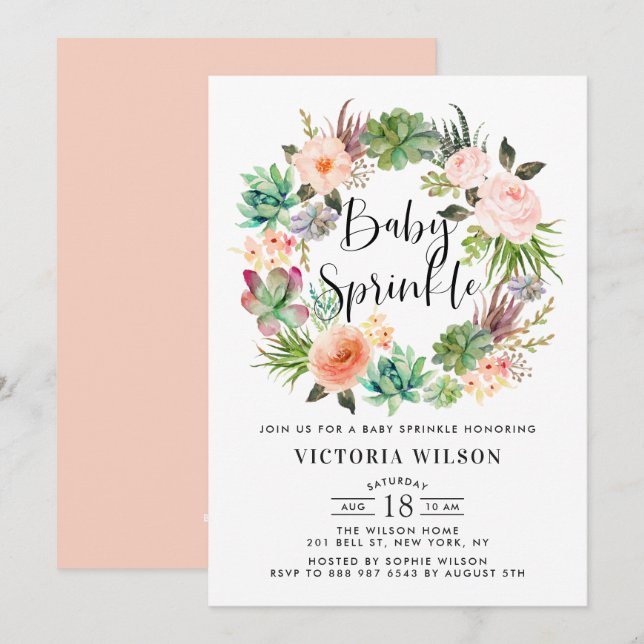 Boho Succulents Floral Wreath Baby Sprinkle Invitation (Front/Back)