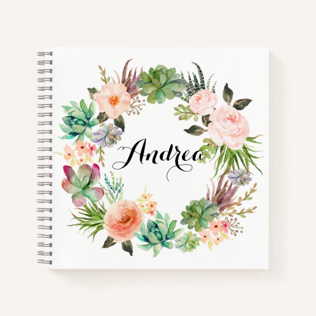 Boho Succulents Floral Wreath Customizable Notebook (Front)