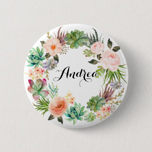 Boho Succulents Floral Wreath Personalized 2 Inch Round Button