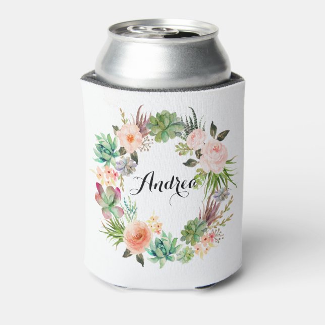 Boho Succulents Floral Wreath Personalized Can Cooler (Can Back)