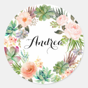 Boho Succulents Floral Wreath Personalized Classic Round Sticker
