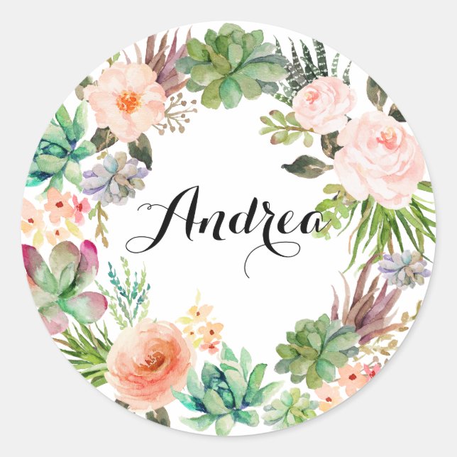 Boho Succulents Floral Wreath Personalized Classic Round Sticker (Front)