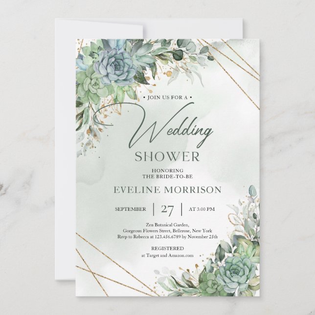 Boho succulents green eucalyptus wedding shower invitation (Front)