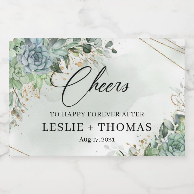 Boho succulents greenery eucalyptus gold frame sparkling wine label (Single Label)