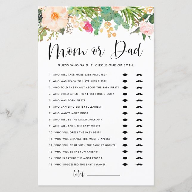 Boho Succulents Guess Who Mom or Dad Shower Game (Front)