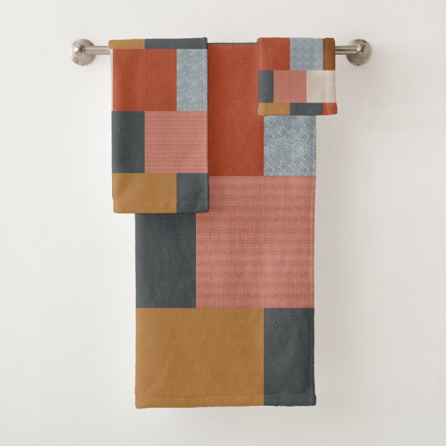 Boho Summer Blue Yellow Terracota Beige Patchwork Bath Towel Set (Insitu)