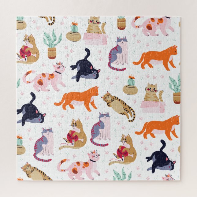 Boho Summer Cute Cats Green Cactus Jigsaw Puzzle (Vertical)