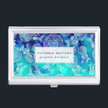 Boho summer dreamcatchers feathers blue watercolor business card holder<br><div class="desc">Modern boho white hand drawn lace dream-catchers feathers pattern on blue turquoise ombre hand painted watercolor</div>
