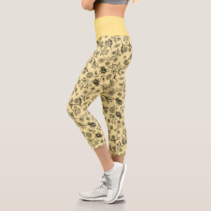   Boho Summer Floral Honey Bee Pattern Yellow Cute Capri Leggings