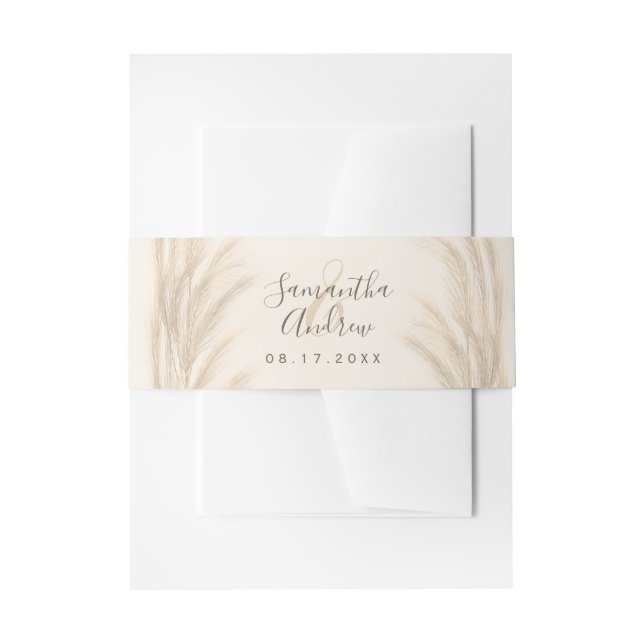 Boho summer pampas grass watercolor wedding invitation belly band (Front Example)