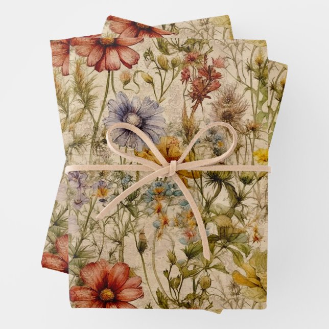 BOHO SUMMER WILDFLOWER FLORAL WRAPPING PAPER SHEET (In situ)