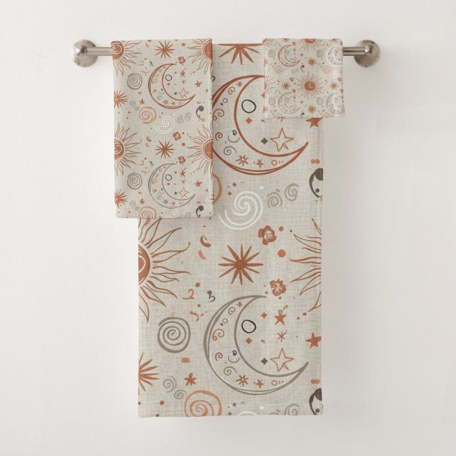 Boho Sun and Moon Pattern Bath Towel Set (Insitu)