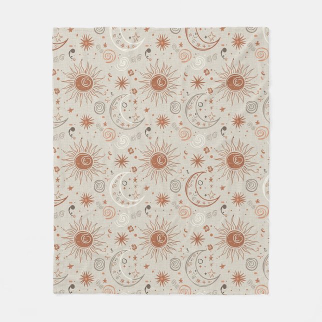 Boho Sun and Moon Pattern Fleece Blanket (Front)