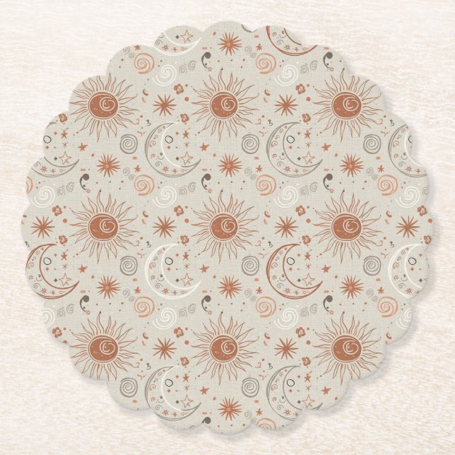 Boho Sun and Moon Pattern Paper Coaster (Front)