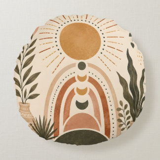 Boho Sun & Botanical Art Round Pillow