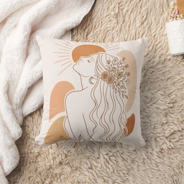 Boho Sun Goddess – Minimal Line Art Pillow (Blanket)