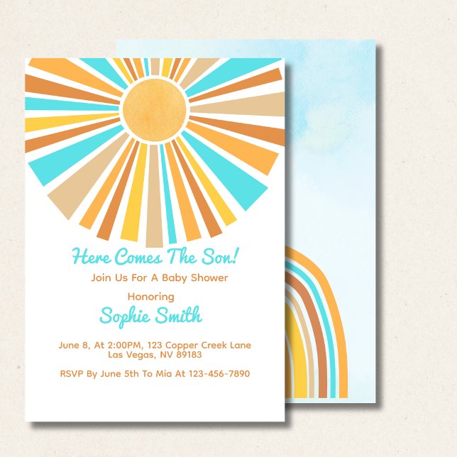 Boho Sun, Here Comes The Son, Retro Rainbow Invitation (Creator Uploaded)