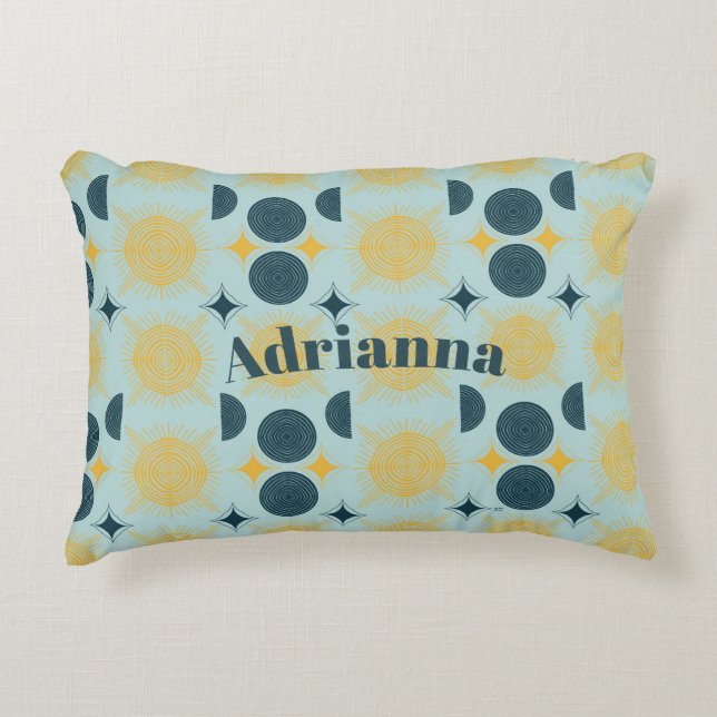 Boho Sun Moon Stars Baby Blue Yellow Personalized Accent Pillow (Front)