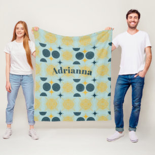 Boho Sun Moon Stars Baby Blue Yellow Personalized Fleece Blanket