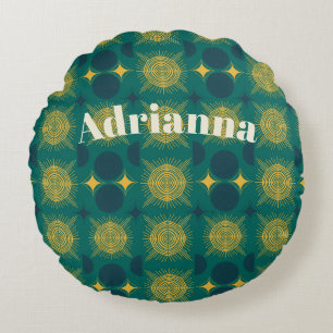 Boho Sun Moon Stars Baby Teal Yellow Personalized Round Pillow