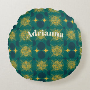 Boho Sun Moon Stars Baby Teal Yellow Personalized Round Pillow