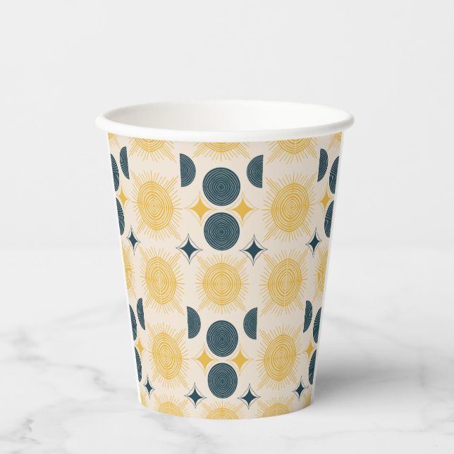 Boho Sun Moon Stars Blue Yellow Paper Cups (Front)