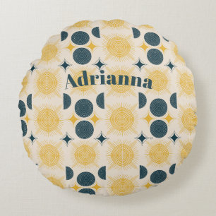 Boho Sun Moon Stars Blue Yellow Personalized Round Pillow