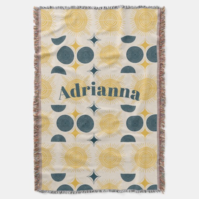 Boho Sun Moon Stars Blue Yellow Personalized Throw Blanket (Front Vertical)
