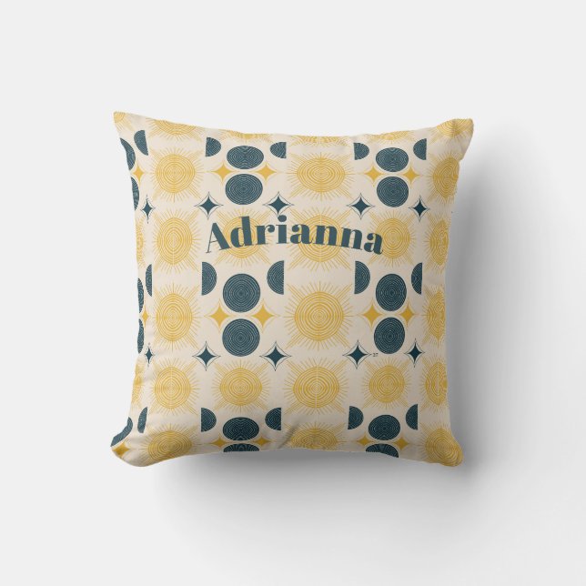 Boho Sun Moon Stars Blue Yellow Personalized Throw Pillow (Front)