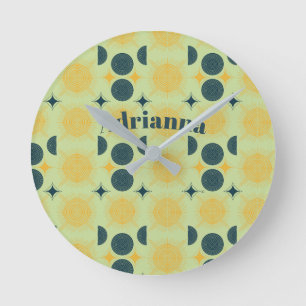 Boho Sun Moon Stars Mint Blue Yellow Personalized Round Clock