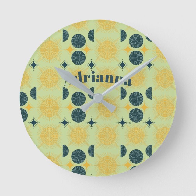 Boho Sun Moon Stars Mint Blue Yellow Personalized Round Clock (Front)
