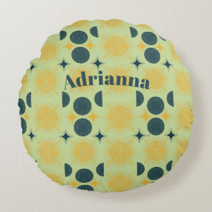 Boho Sun Moon Stars Mint Blue Yellow Personalized Round Pillow